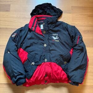 Men's Vintage 90's Triple Fat Goose Down Black Red Bomber Puffer Zip Jacket Sz L